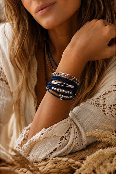 Kutcha Accessories Navy Blue Multi-Look Leather Bracelet – Silver / Gold Deta...
