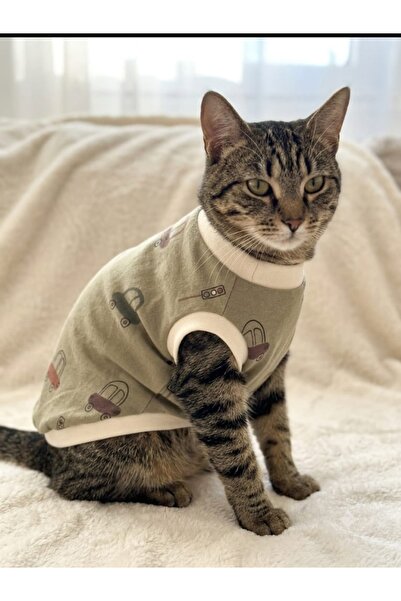 atelyu Cat Dog Outfit Khaki Patterned Cotton Tshirt