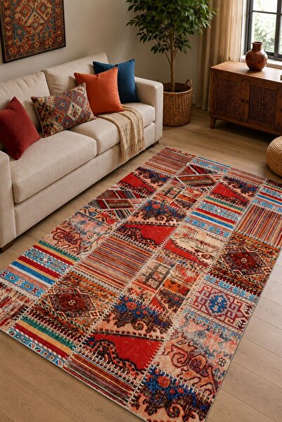 Serente Home Patchwork Desenli Yıkanabilir Kaymaz Taban Şönil Kırmızı Mutfak ...