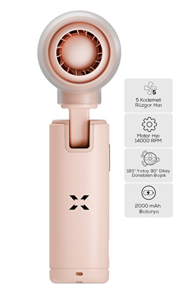 Xenon Smart Taşınabilir Şarjlı 5 Kademeli El Fanı 7 Saat Kullanım 14000 RPM Sessiz Mini Vantilatör Pembe X6101