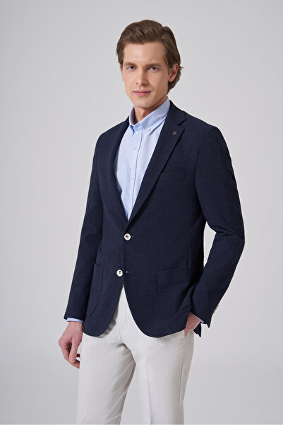 Morven Men's Navy Blue Polyester Trendy Patterned Slim Fit Jacket
