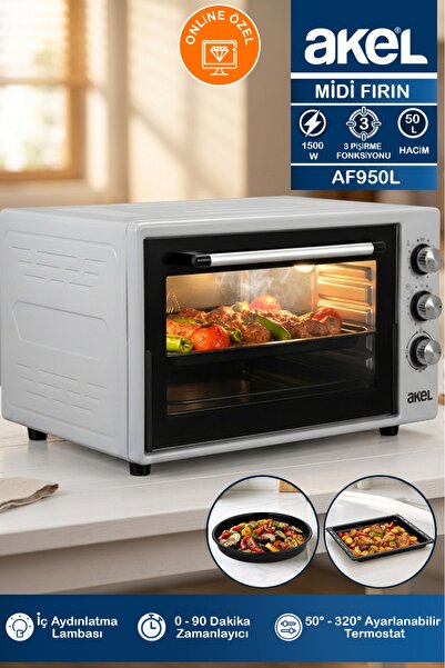 Akel AF950L 50 lt Gri Midi Fırın, İç aydınlatmalı, Zaman Ayarlı, Izgara ve Fı...
