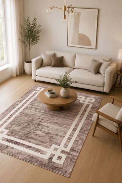 Serente Home Bordür Desenli Yıkanabilir Kaymaz Taban Şönil Kahverengi Beyaz A...