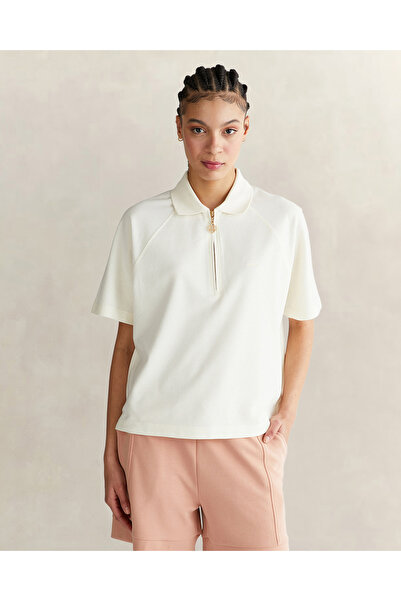 Gant Kadın Krem Regular Fit Yarım Fermuarlı Polo Yaka T-Shirt