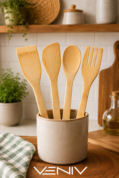 VENİV 4-Piece Bamboo Kitchen Spoon Set – Natural Wooden Spatulas and Serving ...