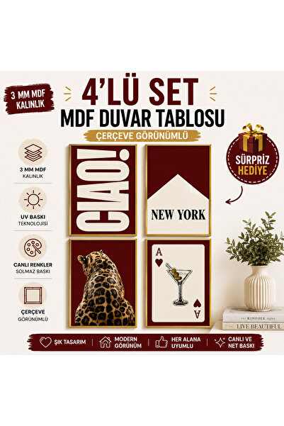 kids town Modern Kırmızı Konsept 4'lü MDF Çerçeve Görünümlü Duvar Tablosu Set...