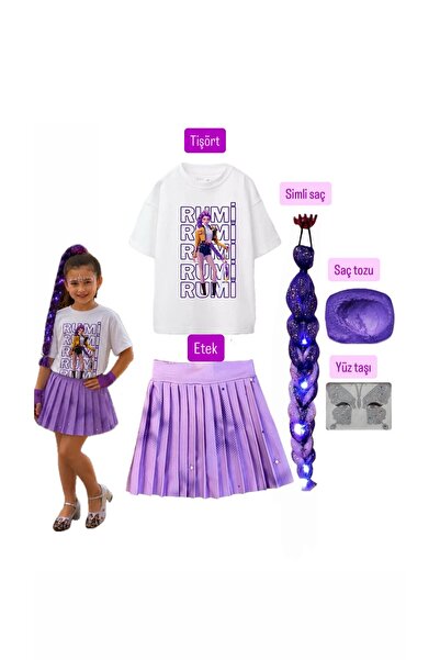 bemora kids kpop rumi baskılı huntrix iblis avcıları baskılı tişört + mor bal...