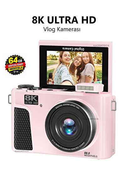 KAZEMTECH 8K Dijital Retro Video Kamera 88MP 18X Zoom Flaşlı (64GB) Kart Hedi...