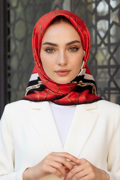 Vissona %100 Twill İpek Zincir Desenli Narçiçeği - Siyah Renkli 90x90 Eşarp K...