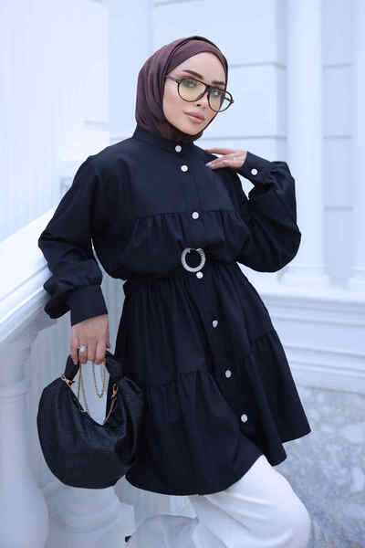 İmajButik Black Layered Buttoned Belted Tunic