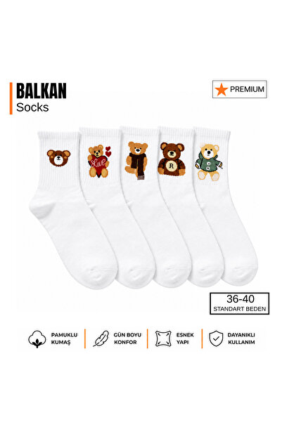 Yalıncak Çorap Kadın Beyaz Ayıcık Desenli Pamuklu Çorap 5'li Set 36-40 Günlük...