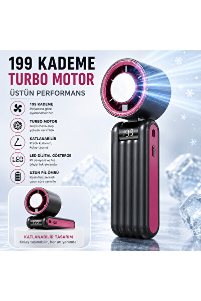 TARÇIN Y19S Taşınabilir Turbo Fan 199 Kademe Dijital Ekranlı Şarjlı El Fanı B...