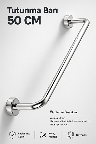 NZB Paslanmaz Metal Tutunma Barı 19 Çap 50 cm Krom Duvar Tipi Banyo ve WC Des...