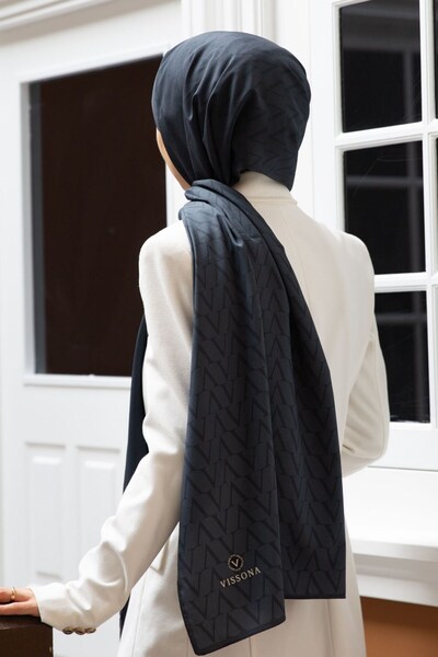 Vissona KREP DEGRADELİ MONOGRAM DESENLİ İNDİGO RENKLİ 75X195 KIRIŞMAZ ŞAL