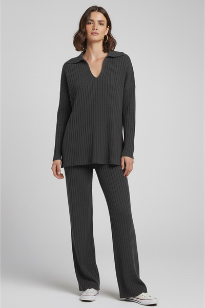 Generic Brand Set dublu cu decolteu polo și camisolă din twill - 27993-FUME