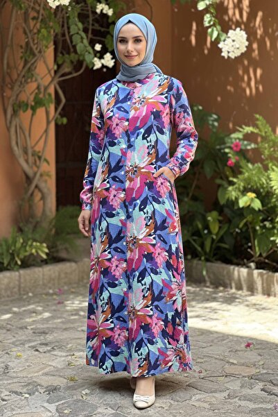 TOFİSA Baskılı Desenli Keten Elbise - 28292-BEBE-MAVI