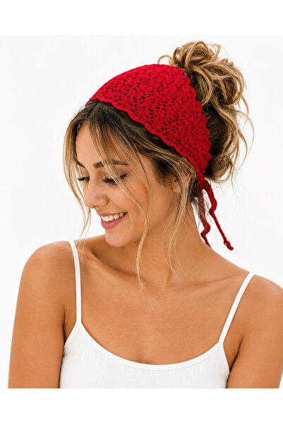 NEHOLİA Hand Knitted Red Hair Bandana Women's Bohemian Triangle Bandana Summe...