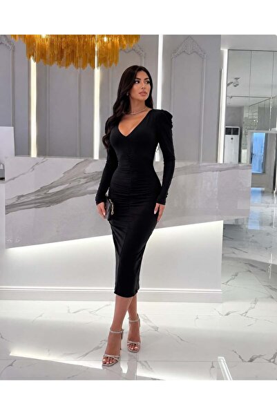 Modafeminen فستان سهرة من قماش ساندي سينيك بتفاصيل مطاطية على شكل حرف V 58279...