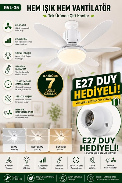 Merwish Goes Tavan Vantilatörü Led Işık DUY HEDİYELİ 3 Kademe Hız Modu Sessiz...