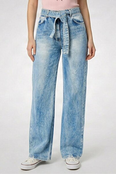 TWINSET Women Regular Fit Distressed Wide Leg Belted Denim, Blue