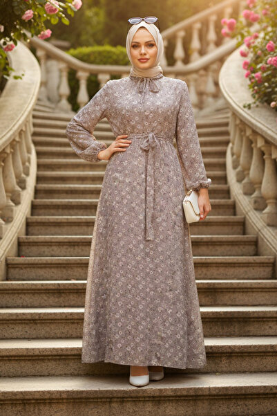 Neva Style Çiçek Desenli Bej Tesettür Elbise 279045BEJ