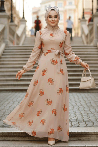 Neva Style Floral Patterned Mink Hijab Dress 27937V