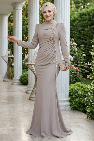 N.S NEVA STYLE Beaded Detailed Mink Hijab Evening Dress 49651V
