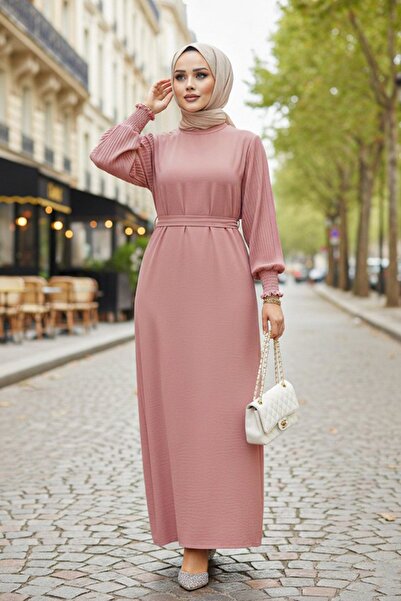 Neva Style Powder Hijab Dress with Pleated Sleeves 10124Pd