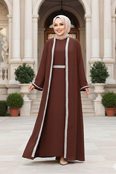 N.S NEVA STYLE Brown Hijab Two-Piece Suit with Dress 76852Kh
