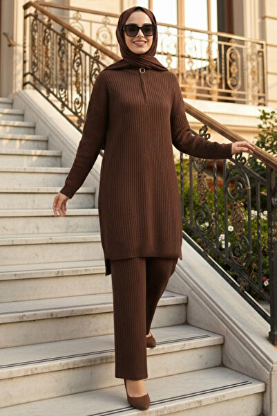 N.S NEVA STYLE Corded Fabric Brown Hijab Knitwear Double Set 50627Kh