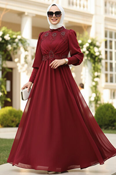 Neva Style Boncuk İşlemeli Bordo Tesettür Abiye Elbise 22101BR