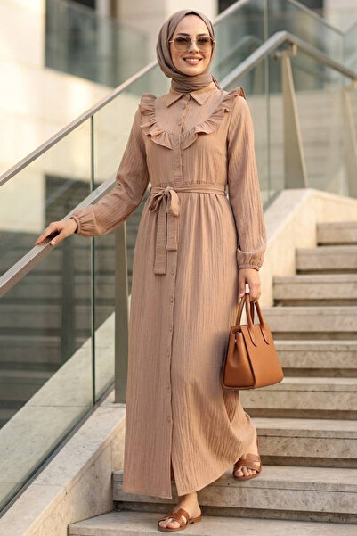 N.S NEVA STYLE Rochie Hijab cu Volane și Detalii Biscuit 20311BS