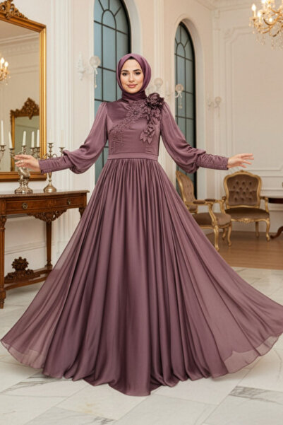 Neva Style Çiçek Detaylı Koyu Gül Kurusu Tesettür Abiye Elbise 21960KGK