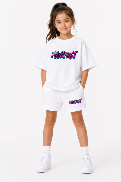 fasardi Manifest Girls Logo Baskılı Oversize %100 Pamuk Tişört Şort 2li Çocuk...