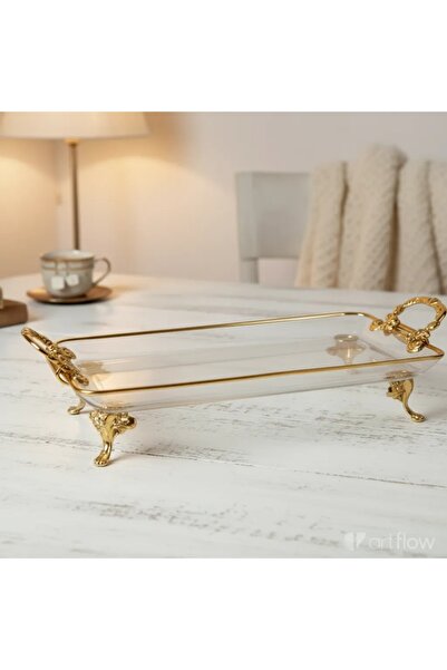 Elta Collection Kristal Metal Ayaklı Yaldızlı Sunumluk Kurabiyelik Tepsii