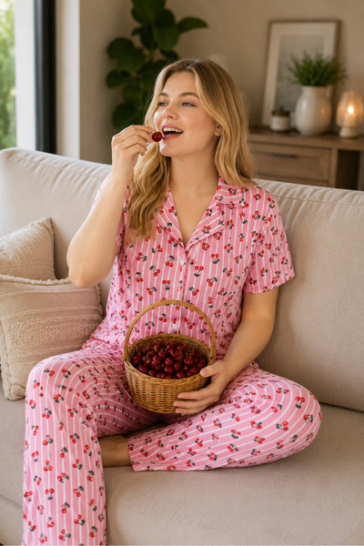 rindahomewear Plus Size Striped Cherry Pattern Milan Buttoned Pajama Set