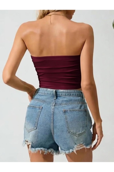Olyssia Premium - Kadın Bordo Straplez Crop Top Büstiyer / Esnek Şık Basic Üst