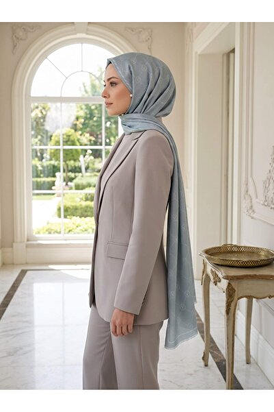Vissona %100 Saf İpek Şal İnce Saten Vual Dokuma V Logo Desenli Mint Yeşili R...
