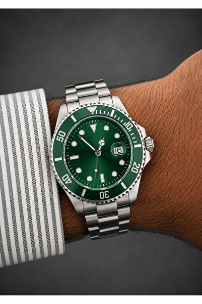 İSTLİV Automatic Looking Tick-By-Tick Calendar Silver Color Cord Green Dial M...