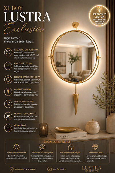 Wallover Design XL Boy Gold Kablosuz LED'li Ayna Lustra(50x90&50x65 CM) , Met...