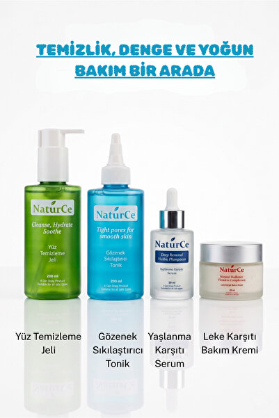 Naturce Cilt Bakım Seti 4'lü Anti Aging Leke Karşıtı Serum Tonik Yüz Temizlem...