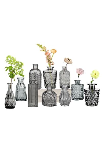 Home Zone Vintage Small Glass Bud Vases, Gray, for Flowers, Wedding Centerpie...