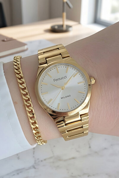 Ferrucci Bileklik Hediyeli Altın Sarısı Metalik Kadran Kadın Kol Saati 30mm 3...