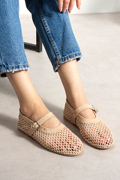 LORENN SHOES Bonnie Beige Mesh Detailed Flat Sole Women's Ballerinas