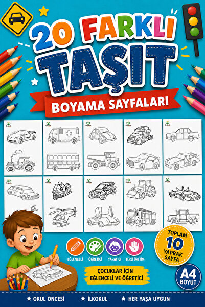 Organik Yolda 20 Different Vehicles, Large Size, Easy Coloring Pages, A4 Size...