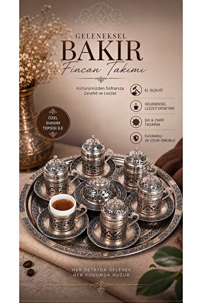 DMT COPPER HOME Dmt Gaziantep Bakır Osmanlı Türk Kahve Fincanı Takımı 6 Kişil...