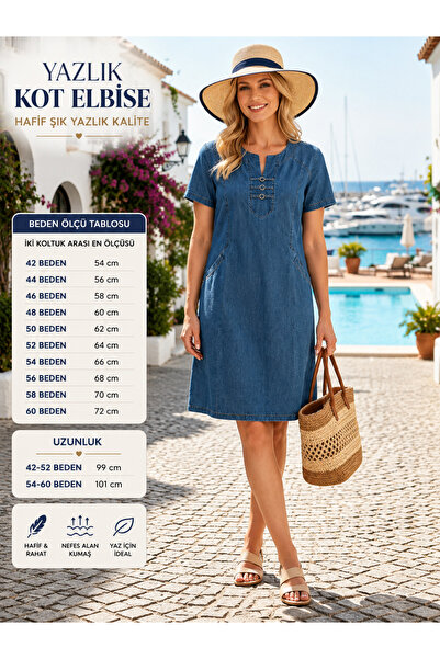 Moda Nest Kadın Kot Elbise Kısa Kollu Cepli Günlük Denim Elbise Rahat Kesim Y...