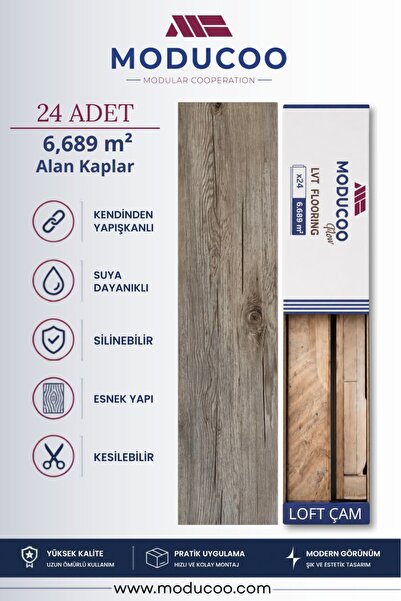 MODUCOO Loft Çam Kendinden Yapışkanlı PVC Parke 6,689 m² Su Geçirmez