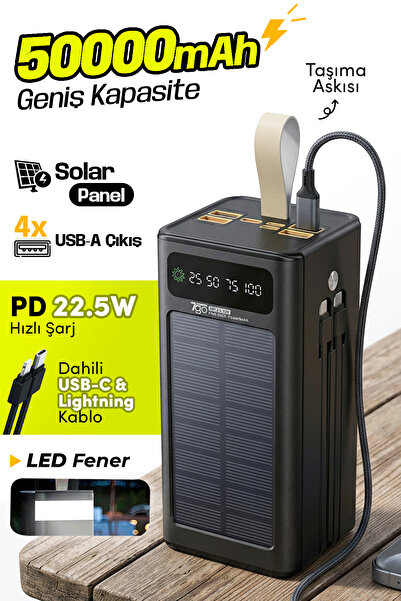7GO GPW-01 50.000 mAh Solar Powerbank – 22.5 W Hızlı Şarj, Dahili Kablolu, LE...