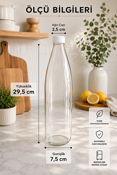 Rotanev 3 Adet Beyaz Plastik Kapaklı Cam Şişe 1 Litre Şeffaf Sürahi Süt, Ayran, Su, Limonata Meşrubat Şişesi